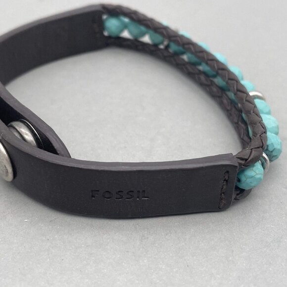 Fossil Faux Turquoise Beaded Leather Bracelet Snap Closure Adjustable - Picture 5 of 7